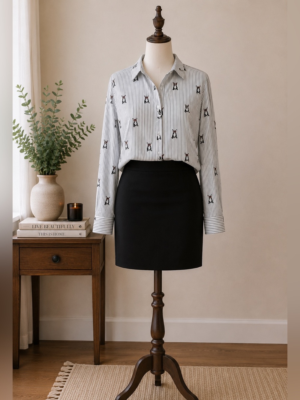Preppy French Bulldog Print Striped Button Up Shirt Office Casual White Size S